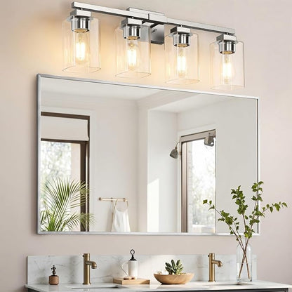 27” Bathroom Light Fixtures,4-Light Vanity Light Brushed Nickel | Square Clear Glass & Durable Metal, Quick & Easy Installation, Standard E26 Socket, Bright Bathroom Lighting