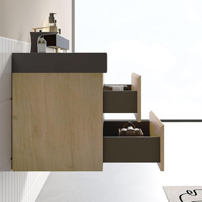30" Floating Bathroom Vanity with Black Sink, Modern Bathroom Cabinet with Top and Soft Close Drawers, Spacious Storage for Small Space, Natural Oak - Lavanda Collection