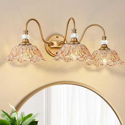 Vintage Bathroom Vanity Light, 3-Light Matte Deep Brass Finish Vanity Light with Flower-Shaped Amber Glass Shades, Retro Wall Sconce for Bathroom