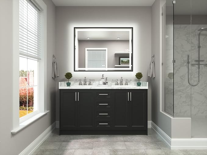 48 x 36 Bathroom LED Mirror Brushed Black Metal Frame Frontlit & Backlit Vanity Mirror Stepless Dimmable Anti-Fog 3 Colors White/Warm/Natural Light up Vanity Mirror Wall-Mounted