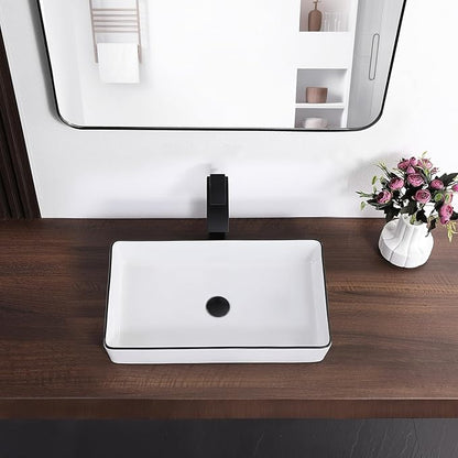 Vessel Sink Rectangle 24"x14" Bathroom Sink Above Counter Porcelain Ceramic White with Black Rim Ceramic Vessel Sinks for Bathrooms