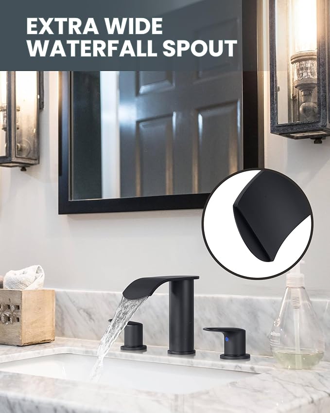 WOWOW Waterfall Bathroom Faucet 3 Hole: 8 Inch Widespread Bathroom Sink Faucet, Matte Black Bathroom Faucet Two Handles Lavatory Vanity Sink Faucets with Pop-up Drain & Supply Hoses