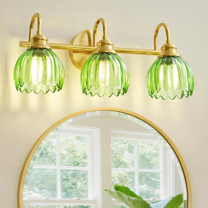 Vintage Bathroom Light Fixtures Gold, 3 Light Vanity Light with Green Glass Shade,E26 Base Bathroom Lighting Fixtures Over Mirror,Dimmable Vanity Lighting Fixtures for Restroom,Vanity,Mirror