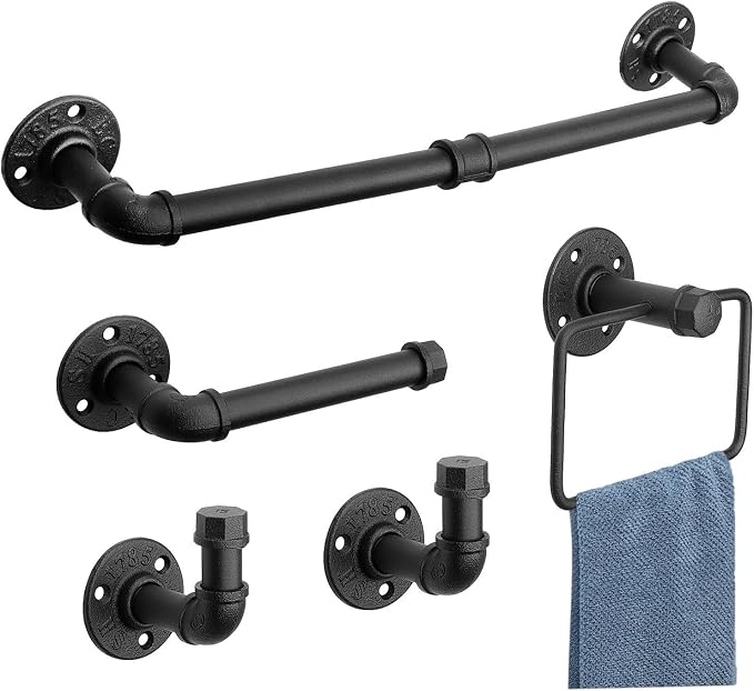 5-Pieces Industrial Pipe Bathroom Accessories Hardware Kit DIY Wall Mounted Includes Towel Bar Robe Hooks Toilet Paper Holder and Towel Ring (Black, 18 Inch)