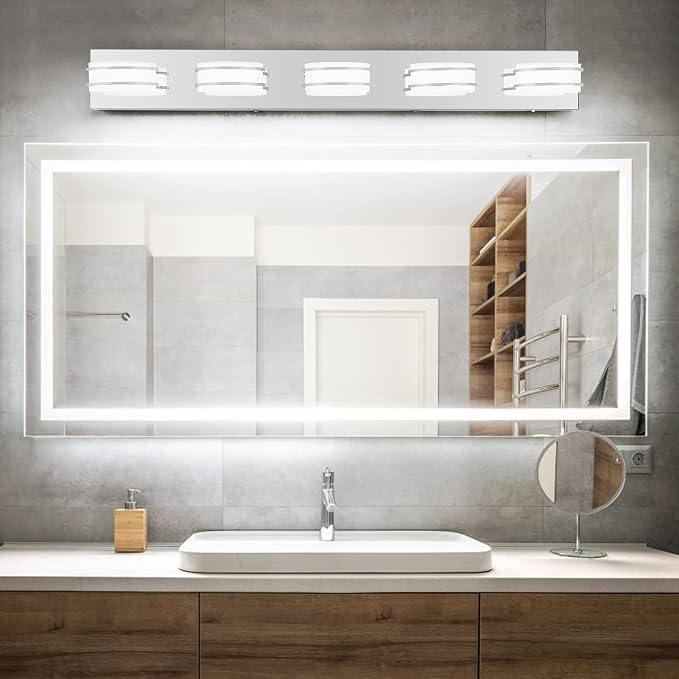 3 Color Temperature Dimmable Bathroom Light Fixtures over Mirror, LED Chrome 5 Light Vanity Lighting Fixtures, Acrylic Stainless Steel Square Shade Vanity Lights for Bathroom, ETL Certificated