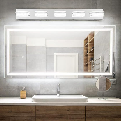 3 Color Temperature Dimmable Bathroom Light Fixtures over Mirror, LED Chrome 5 Light Vanity Lighting Fixtures, Acrylic Stainless Steel Square Shade Vanity Lights for Bathroom, ETL Certificated