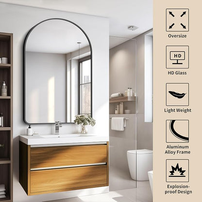 FORBATH Arched Mirror 32x48 Inch, Bathroom Mirror Wall Mounted Modern Black Aluminum Alloy Frame Decor Large Dresser, for Bedroom Living Room Entryway, Hanging or Leaning Against Wall
