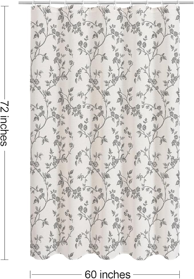 MitoVilla Grey Cotton Floral Shower Curtain for Bathroom, 60 x 72 | Grey BoHo Cottagecore Spring Shower Curtains, Modern Farmhouse Country Plant Leaves Bathroom Décor, 60 x 72