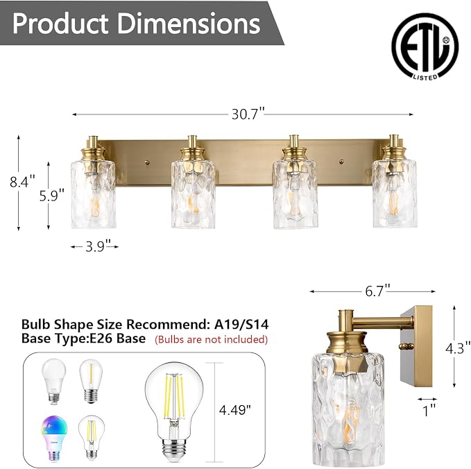 4 Light Bathroom Vanity Light Modern Brushed Gold Bathroom Light Fixtures Over Mirror with Hammered Glass Lampshade for Kitchen Hallway