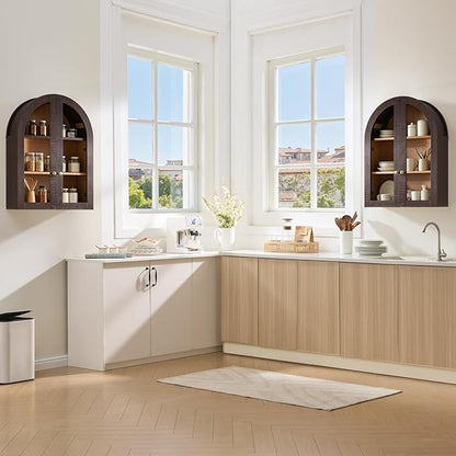 Bathroom Arched Wall Cabinet Over The Toilet Storage Cabinet, 23.5×31.4 Inch bathroom cabinet wall mount with Glass Doors & Adjustable Shelves, Wood Cabinet for Laundry Room, Bedroom Kitchen, Brown