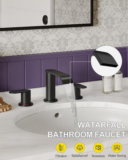 2 Pack Matte Black Waterfall Bathroom Faucet for Sink 3 Hole 8 Inch | Widespread Bathroom Sink Faucets with Pop-up Drain Supply Lines Stainless Steel 2-Handle Bathroom Sink Faucet by Homevacious