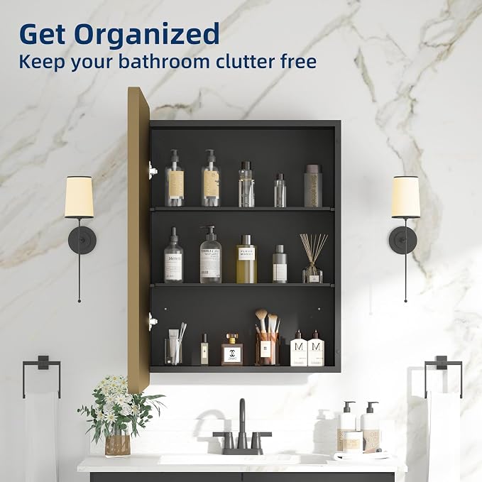 Medicine Cabinet 20 x 28 Inch, Brush Gold Bathroom Medicine Cabinet with Mirror,Metal Beveled Mirror, Adjustable Shelves, Recessed or Wall Mount, Sturdy & Solid, Bathroom Mirror with Storage