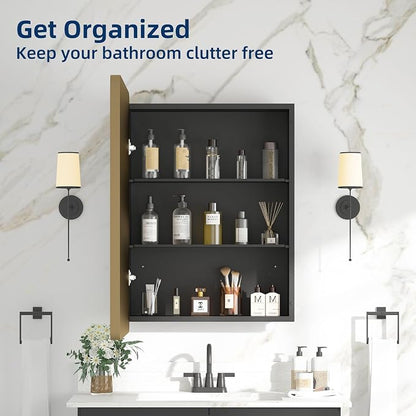 Medicine Cabinet 20 x 28 Inch, Brush Gold Bathroom Medicine Cabinet with Mirror,Metal Beveled Mirror, Adjustable Shelves, Recessed or Wall Mount, Sturdy & Solid, Bathroom Mirror with Storage