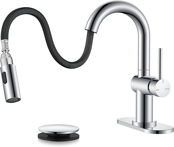 KENES Pull Out Bathroom Sink Faucet, Polished Chrome Single Handle Bathroom Faucet with Pull Down Sprayer, Vanity Bar Faucet with Pop Up Drain & Deck Plate, KE-9065B-5