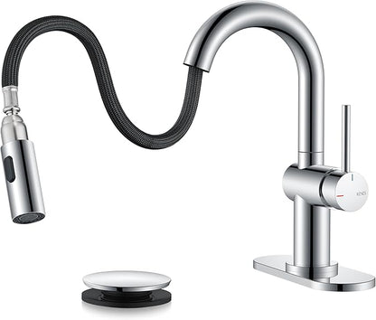 KENES Pull Out Bathroom Sink Faucet, Polished Chrome Single Handle Bathroom Faucet with Pull Down Sprayer, Vanity Bar Faucet with Pop Up Drain & Deck Plate, KE-9065B-5