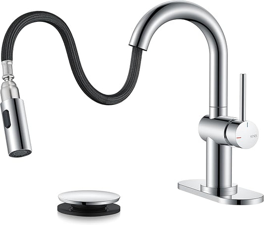 KENES Pull Out Bathroom Sink Faucet, Polished Chrome Single Handle Bathroom Faucet with Pull Down Sprayer, Vanity Bar Faucet with Pop Up Drain & Deck Plate, KE-9065B-5