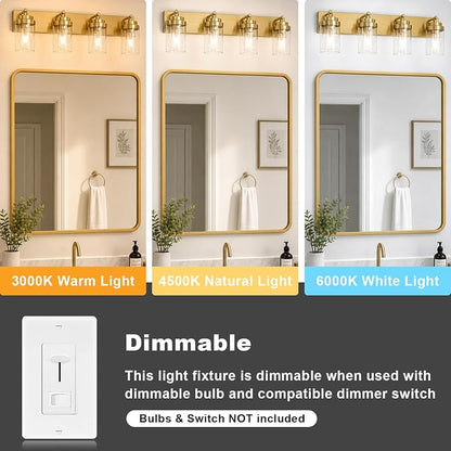 4-Light Bathroom Light Fixtures, Brushed Gold Vanity Lights | Modern Bathroom Lighting Fixtures Over Mirror, Vanity Lights for Bathroom, Mirror, Restroom, Bedroom, E26