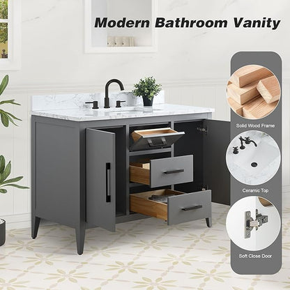 HomeBeyond 48 Inch Bathroom Vanity with Sink & Ceramic Top, Single Vanity Cabinet with Basin, Soft-Closing Doors & Matte Black Hardware, Grey