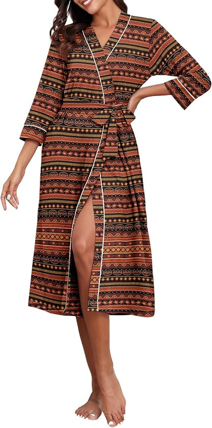 PrinStory Robes for Women 3/4 Sleeve Long Bath Robe XS-4XL | V-Neck Knit Bathrobe with Pockets, Lightweight, Soft, Breathable Robes for Shower, Spa, Travel, Home, Party, Nursing