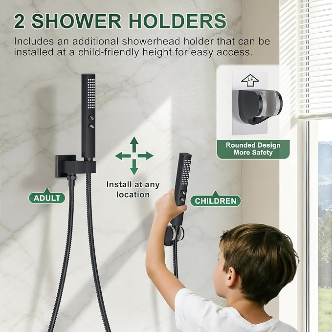 Rain Shower System with Rough-in Valve, Ceiling Mount Shower Faucet Set with 12" & 6" Dual Rain Shower Heads, 2-in-1 Handheld Shower, Tub Spout, 4-Function Complete Shower Fixture, Matte Black