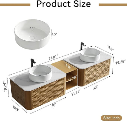 72 Inch Double Vanity with Sink Set, Floating Bathroom Sink Cabinet with Sintered Stone Top&Solid Wood Hammered Frame, Double Bathroom Vanities w/Soft-Close Drawers&1 Middle Open Cube