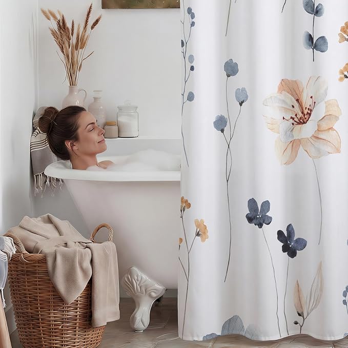 No Hook Floral Shower Curtain with Liner, Blue Beige, 71x77 | Snap in Liner, 3 in 1, Water Repellent, Easy Install, Machine Washable, Hotel Style for Bathroom, Watercolor Pattern