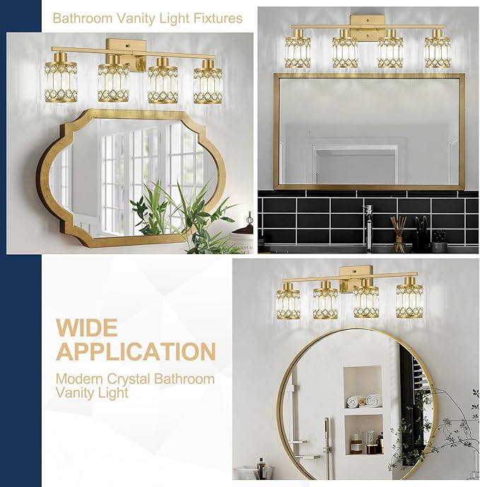 Crystal Modern Bathroom Light Fixtures, 4-Light Brushed Gold Bathroom Vanity Wall Light, Vanity Lights for Mirror, Restroom, Bedroom (E26 Socket, Bulbs Not Included)