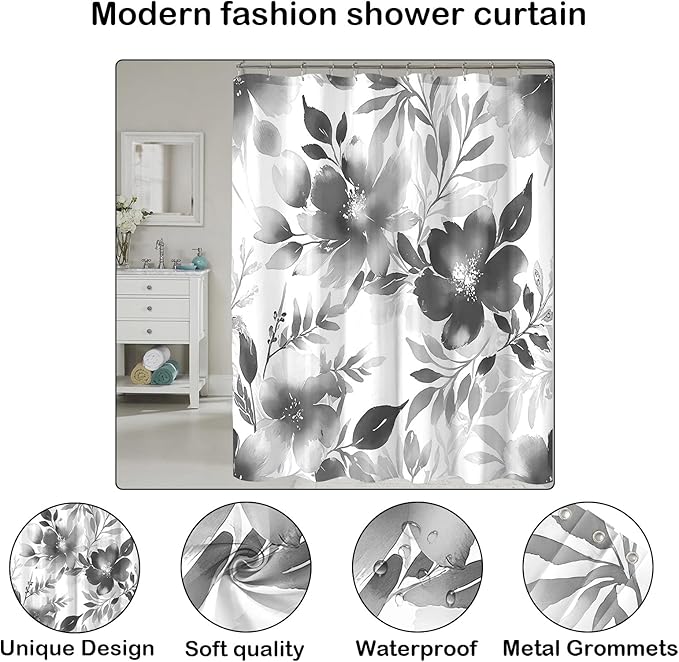 Floral Shower Curtain, Grey Watercolor Flower Shower Curtains for Bathroom, Modern Minimalist Waterproof Fabric Bath Curtain 72x84 Inch