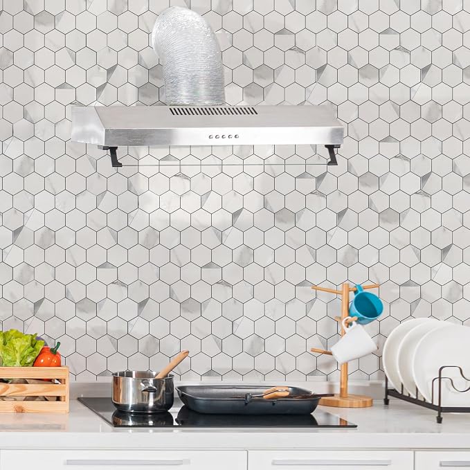 Hexagon Peel and Stick Backsplash for Kitchen Wall,20 Sheets Heat Resistant Stick on Backsplash PVC Tiles, 12'' Gray White Marble Waterproof Peel and Stick Tile for Bathroom