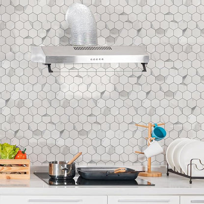 Hexagon Peel and Stick Backsplash for Kitchen Wall,20 Sheets Heat Resistant Stick on Backsplash PVC Tiles, 12'' Gray White Marble Waterproof Peel and Stick Tile for Bathroom