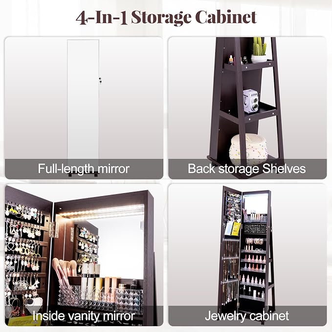 GOFLAME Jewelry Cabinet with Full Length Mirror, Lockable Jewelry Storage Organizer with Wheels, 3-Color LED Lights, Inner Mirror, Freestanding Jewelry Armoire with Rear Storage Shelves, Espresso