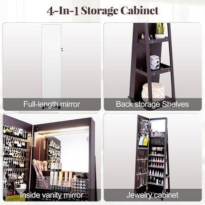 GOFLAME Jewelry Cabinet with Full Length Mirror, Lockable Jewelry Storage Organizer with Wheels, 3-Color LED Lights, Inner Mirror, Freestanding Jewelry Armoire with Rear Storage Shelves, Espresso