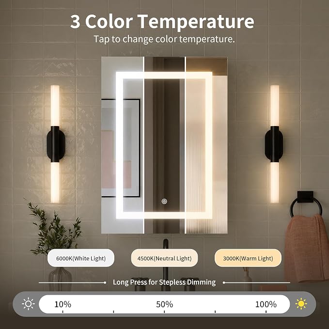 DeerValley LED Lighted Bathroom Medicine Cabinet with Mirror, 20''x28'' | Wall Mounted Mirror Cabinet with Socket, Dimmable Light, Anti-Fog, Adjustable Shelf, DV-1MC0498