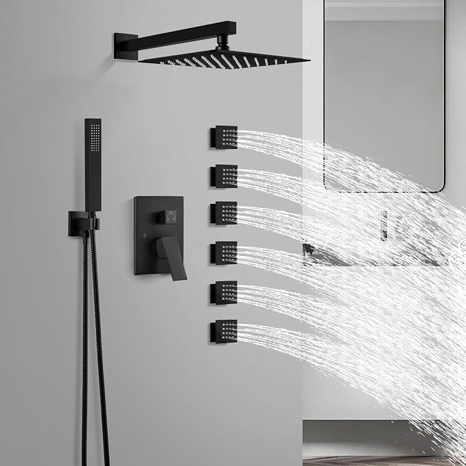 gotonovo Rainfall Shower System with Full Body Jets 6pcs Matte Black | 12’’ Rainfall Shower Head with Handheld Spray Combo,Wall Mount,Rough-in Valve and Trim Kit,Brass Body Message Jets,All Metal