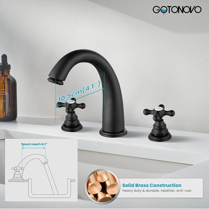 gotonovo Widespread Bathroom Sink Faucet 3 Hole Matte Black,H&C Label | Vintage 8’’ Bathroom Faucet,2 Cross Handle,6-16’’ Sink,Vanity,RV,Farmhouse,SUS304,24’’ cUPC Hose,Pop Up Drain,Deck Mount
