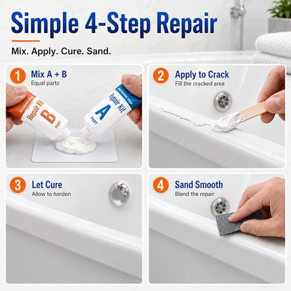 Tub Repair Kit White, Bathtub Repair Kit for Enamel, Fiberglass, Acrylic | For Chips, Cracks, Scratches, Holes & Rust on Porcelain, Patch & Repairs Cast Iron Tubs, Toilet, Sink, Shower Pan in Bathroom