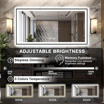 EchosLife Large 88x38 LED Bathroom Mirrors - Black Aluminum Trim | Black Frame, Front and Backlit, Anti-Fog, Stepless Dimmable, 3 Colors, Memory, Tempered Glass, UL Listed, Horizontal/Vertical