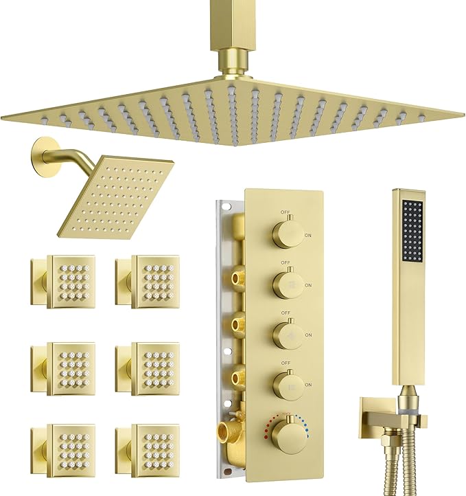 Dasan Thermostatic Dual Shower Head System with 6 Body Jets, 6-Inch Shower Head & 16” Rainfall Shower, Luxury Brushed Gold Shower Faucet Set Tandem Rain Shower Head System for Couples/ 2-Person