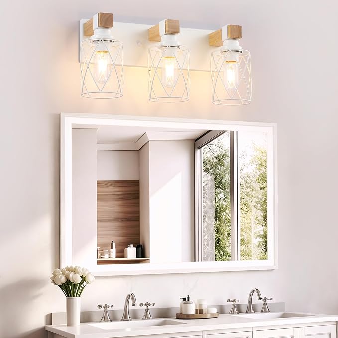 Farmhouse 3-Light Wood Bathroom Vanity Light, White Metal Cage Shade | Mounted Over Mirror, Industrial Rustic Style, Ideal for Bathroom, Bedroom, Hallway & Living Room, Easy To Install