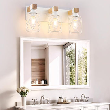 Farmhouse 3-Light Wood Bathroom Vanity Light, White Metal Cage Shade | Mounted Over Mirror, Industrial Rustic Style, Ideal for Bathroom, Bedroom, Hallway & Living Room, Easy To Install