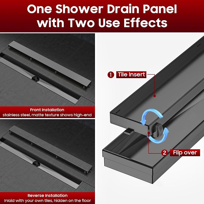 DLONE® Linear Shower Drain - 28 Inch Gun Gray, with Tile Insert Panel | AISI 304 Stainless Steel Linear Drain, Rectangle Shower Floor Drain, with Adjustable Feet, Fits Bathroom & Balcony etc