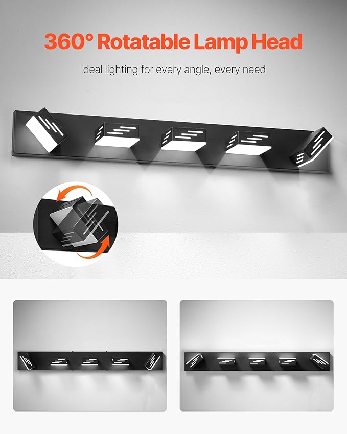 VEVOR 5-Light LED Modern Vanity Light Fixtures, 33.46-Inch, Black Finish Bathroom Wall Lighting Fixture Over Mirror, with IP44 Waterproof, for Bathroom, Living Room, Bedroom, Hallway, Cool White 6000K