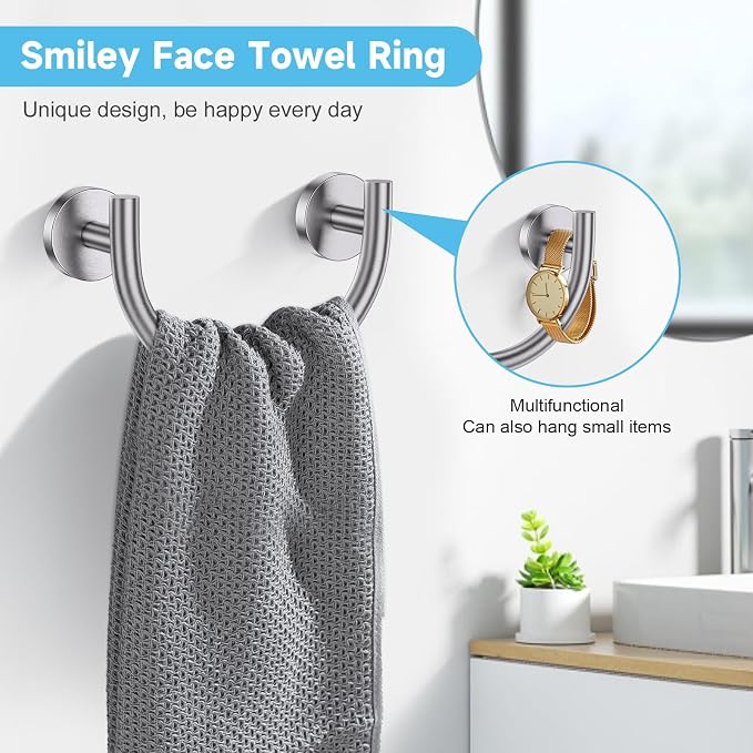 Brushed Nickel Towel Bar Set, 5-Piece Bathroom Hardware Accessories Set with Smiley Face Towel Rings, Stainless Steel Wall-Mounted Towel Holder Set for Bathroom,23.6 Inch
