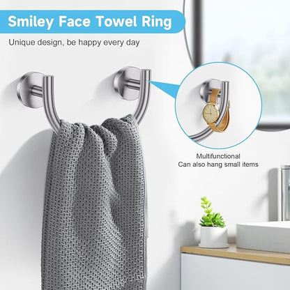 Brushed Nickel Towel Bar Set, 5-Piece Bathroom Hardware Accessories Set with Smiley Face Towel Rings, Stainless Steel Wall-Mounted Towel Holder Set for Bathroom,23.6 Inch
