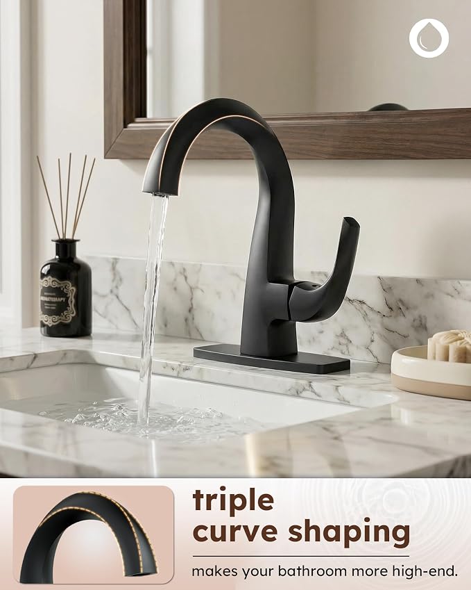WOWOW Single Handle Bathroom Faucet, Matte Black, 1 Hole, High Arc, Pop Up Drain, Solid Brass, Easy Installation, 5 Year Warranty