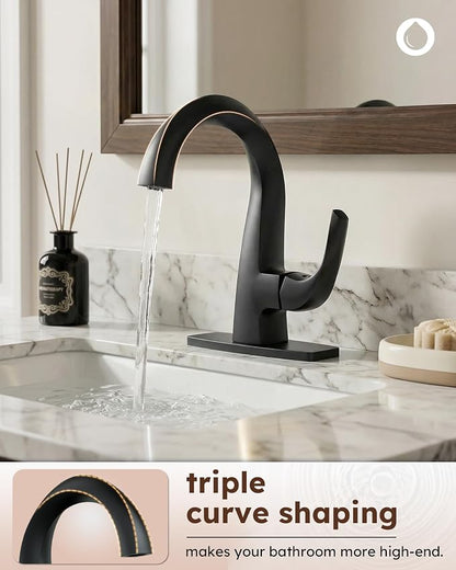 WOWOW Single Handle Bathroom Faucet, Matte Black, 1 Hole, High Arc, Pop Up Drain, Solid Brass, Easy Installation, 5 Year Warranty