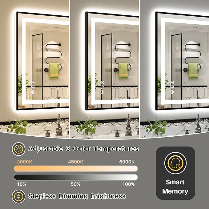 68x36 Inch LED Bathroom Mirror with Black Frame, Backlit & Front Lit, Anti-Fog Lighted Bathroom Vanity Mirror for Wall, Memory Function, Dimmable, HD Tempered Glass, Shatter-Proof