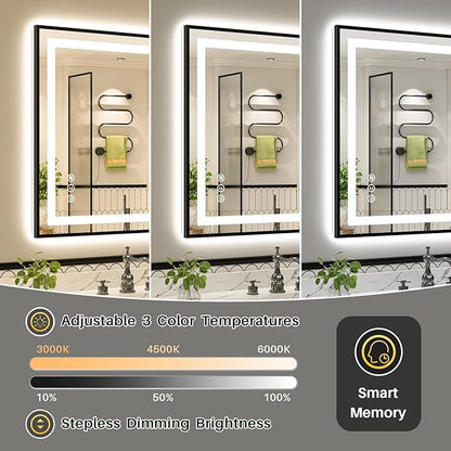 44x36 Inch LED Bathroom Mirror with Black Frame, Backlit & Front Lit, Anti-Fog Lighted Bathroom Vanity Mirror for Wall, Memory Function, Dimmable, HD Tempered Glass, Shatter-Proof