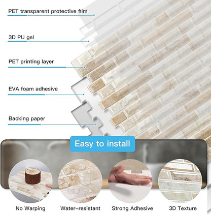 Art3d Linear Tile Peel and Stick Backsplash, 10-Pack, Eurasian Mocha Stone | 12 x 12 Inch, Enhanced Thickness, Warp Resistant, Strong Adhesion, Sturdy, for Kitchen, Bedroom, Ideal for Home Improvement