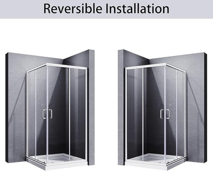 ELEGANT Corner Shower Enclosure 34'' D. x 34'' W. x 72'' H., Double Sliding Shower Door with 2 Stationary Panels,Shower Enclosure with 1/4'' Clear Glass, Chrome Finish
